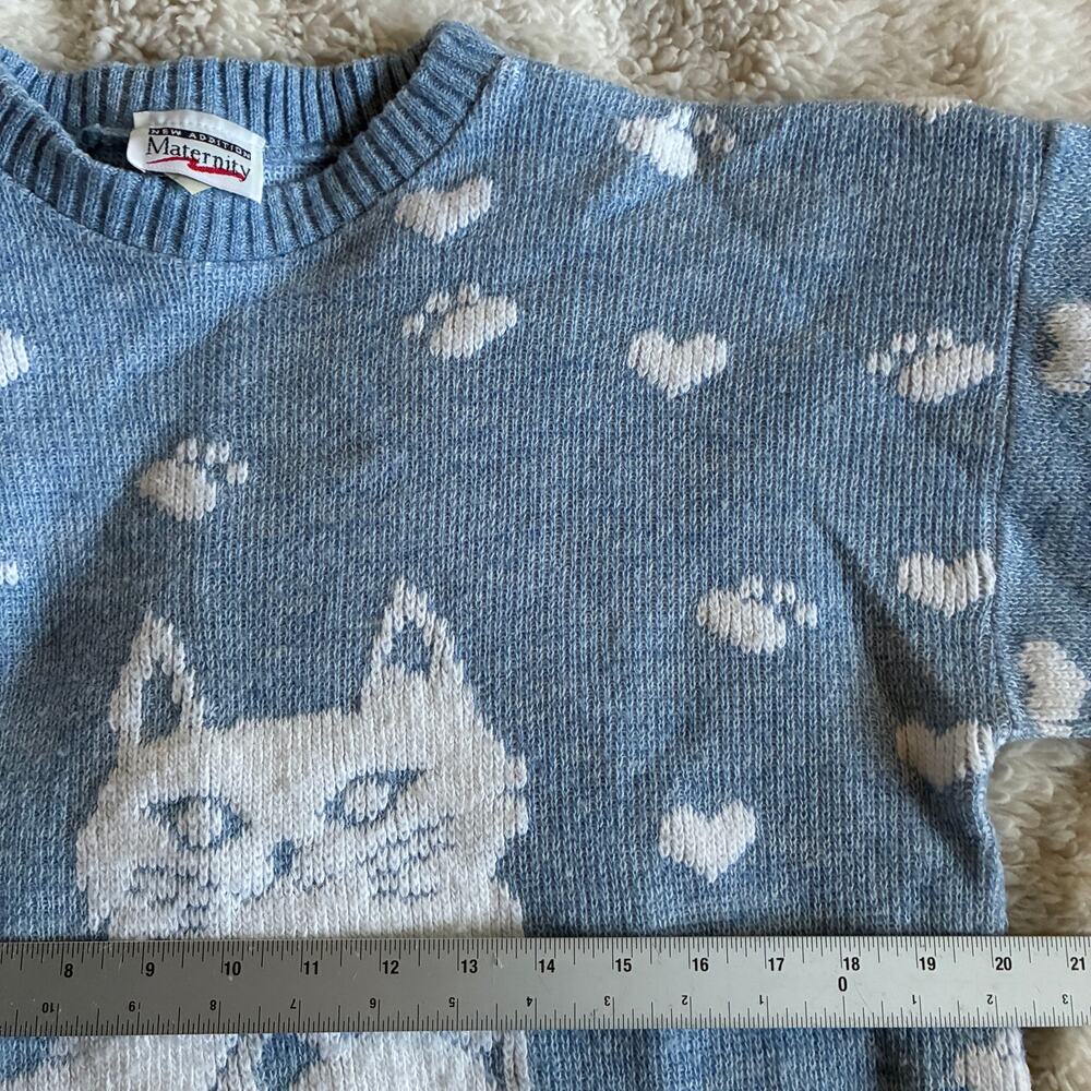 Vintage Sweater Womens Medium Blue/White Cat Paw & Heart Print Crewneck USA 90s - Picture 8 of 11